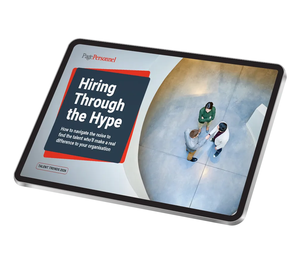 Additional Talent Trends 2026 image featuring a tablet with a group of people in professional attire