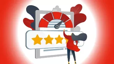 Illustratie van persoon die vier van vijf sterren beoordeelt op een beoordelingsmeter.