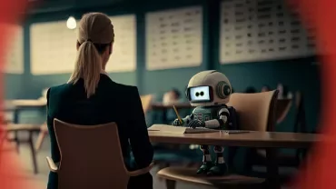 Persoon en robot aan een tafel in gesprek in een kantoor.