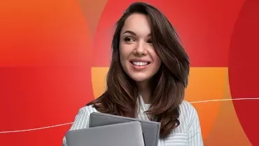 Promotiebanner van Salary Guides 2026 met een glimlachende vrouw op een rode achtergrond.