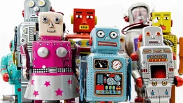 A collection of colorful vintage toy robots.