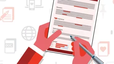 Illustration of a hand holding a resume and a pen