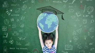 Child holding a globe against a green background with school icons.