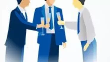 Three people in suits clinking champagne glasses.