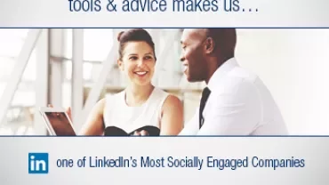Two people talking with a LinkedIn logo and company names. Text about building relationships.