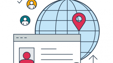 Illustration of a profile window and globe with location marker.