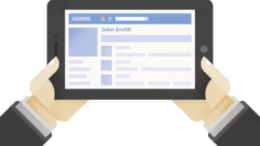 Illustration of hands holding a tablet displaying an online profile