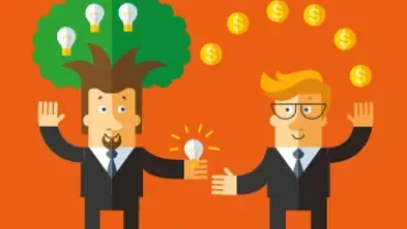 Cartoonfiguren delen ideeën en winst in een zakenomgeving.