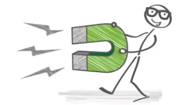 Cartoon figure holding a green magnet