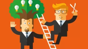 Two cartoon figures; one has a tree with ideas on head, the other cutting with scissors.