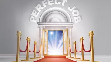 The words 'Perfect Job' above an open door with a red carpet.