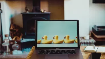 Laptop on table displays rubber ducks, cozy interior in background.