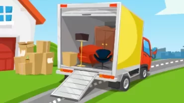 Verhuiswagen met meubels en dozen voor een huis.