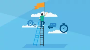 Persoon op ladder met vlag en klok tegen blauwe hemel.
