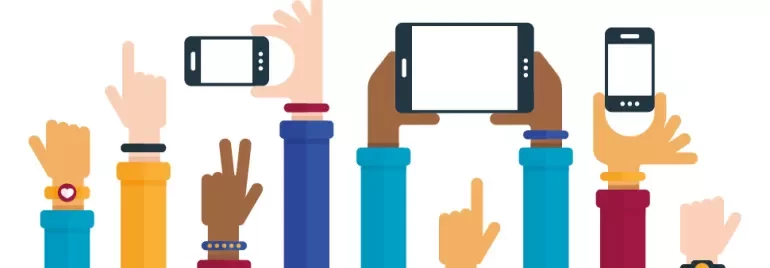 Illustration of hands holding various devices.