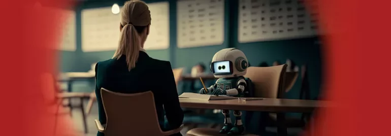 A person and a robot sitting at a table having a conversation.