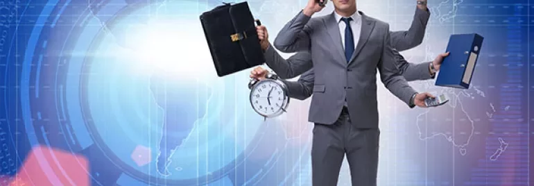 A businessperson with multiple arms juggling work items.