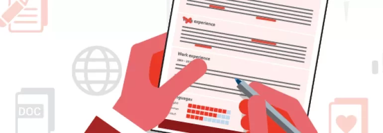 Illustratie van een hand met een cv en pen