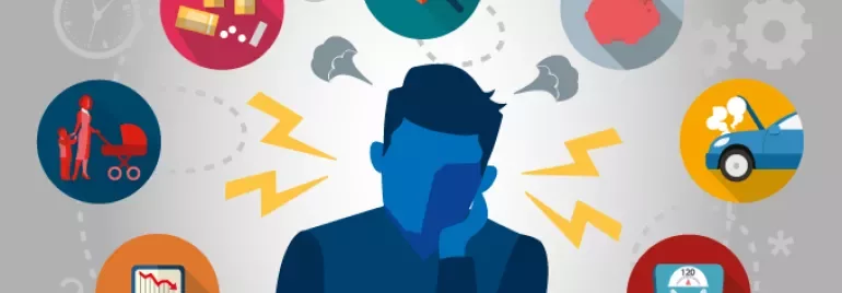 Silhouet van een persoon omringd door symbolen van stressoren zoals geld, gezondheid, en gezin.