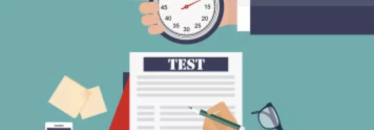 Illustration of a hand holding a stopwatch above a written test.