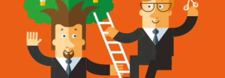 Two cartoon figures; one has a tree with ideas on head, the other cutting with scissors.