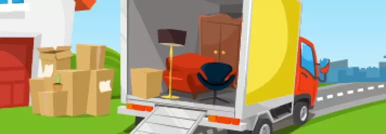Verhuiswagen met meubels en dozen voor een huis.
