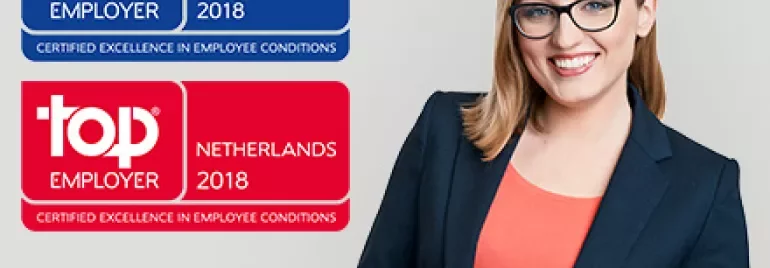 Person smiling with Top Employer Europe 2018 and Netherlands 2018 awards.