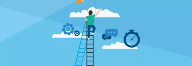 Persoon op ladder met vlag en klok tegen blauwe hemel.