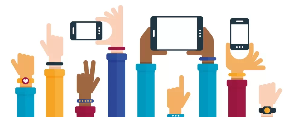 Illustration of hands holding various devices.