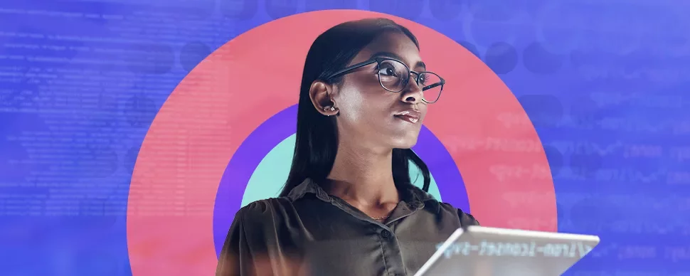 Person with glasses focused, with coded background and circles.