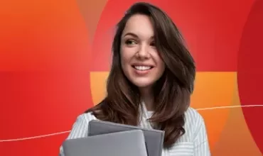 Promotiebanner van Salary Guides 2026 met een glimlachende vrouw op een rode achtergrond.