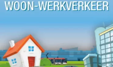 Illustratie van een huis en kantoorgebouw met verkeerswegen en voertuigen.