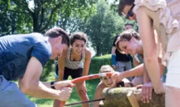 Groep mensen zagen samen hout in een zomerse omgeving.