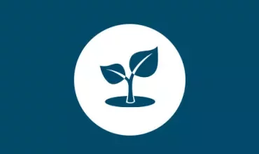 Icon of a young plant with two leaves on a blue background.