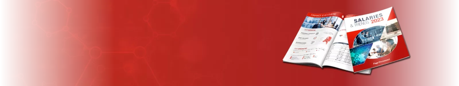 Open magazine titled 'Salaries & Trends 2023' on a red background.