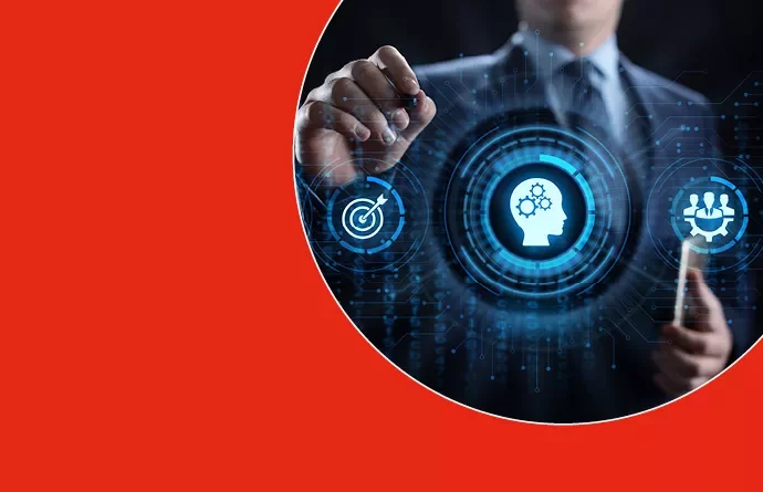 Business person pointing at technology icon on screen.